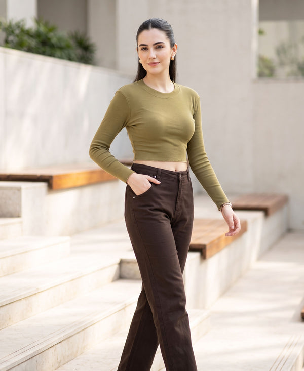 T.T. Women|Stylish Crop Top|Ribbed Slim Fit Full Sleeve Round Neck Trendy Casual Wear Top|Stretchable Cotton Fabric|Tshirt|Top||Dark Green
