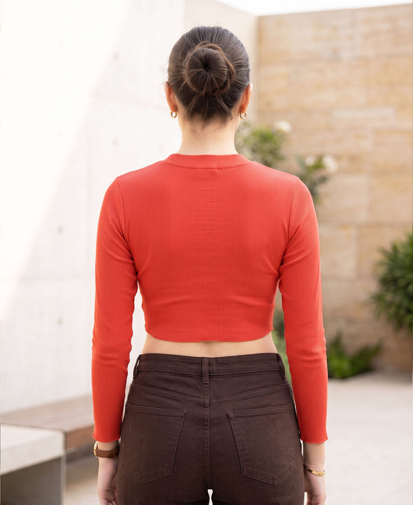 T.T. Women|Stylish Crop Top|Ribbed Slim Fit Full Sleeve Round Neck Trendy Casual Wear Top|Stretchable Cotton Fabric|Tshirt|Top||Coral