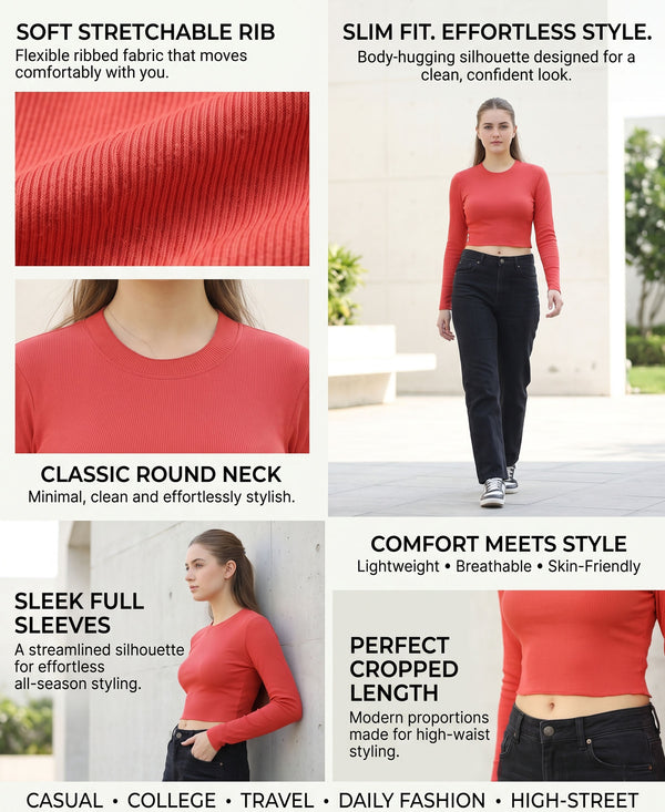 T.T. Women|Stylish Crop Top|Ribbed Slim Fit Full Sleeve Round Neck Trendy Casual Wear Top|Stretchable Cotton Fabric|Tshirt|Top||Coral