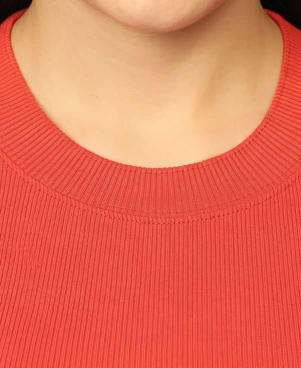 T.T. Women|Stylish Crop Top|Ribbed Slim Fit Full Sleeve Round Neck Trendy Casual Wear Top|Stretchable Cotton Fabric|Tshirt|Top||Coral