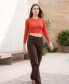 T.T. Women|Stylish Crop Top|Ribbed Slim Fit Full Sleeve Round Neck Trendy Casual Wear Top|Stretchable Cotton Fabric|Tshirt|Top||Coral
