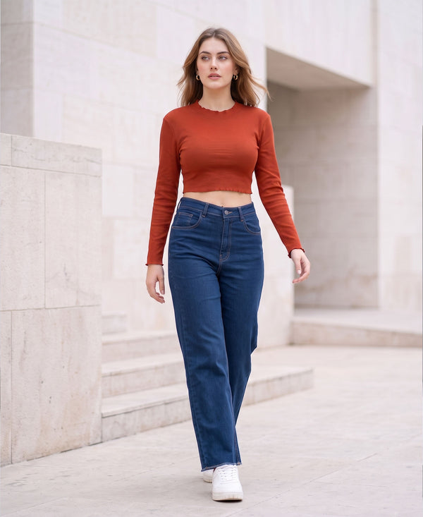 T.T. Women|Slim Fit Ribbed Top|Stretchable Cotton Rib Fabric| Trendy High Street Casual & Office Wear Full Sleeve Crop Tee|Desire Rib Tshirt For Women||Brown