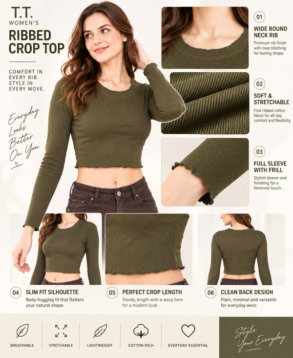 T.T. Women|Stylish Crop Top|Ribbed Slim Fit Full Sleeve Round Neck Trendy Casual Wear Top|Stretchable Cotton Fabric|Tshirt|Top||Olive