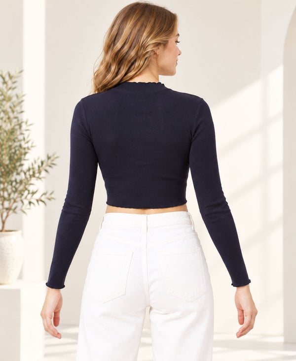T.T. Women|Stylish Crop Top|Ribbed Slim Fit Full Sleeve Round Neck Trendy Casual Wear Top|Stretchable Cotton Fabric|Tshirt|Top||Navy
