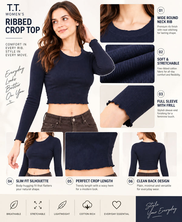 T.T. Women|Stylish Crop Top|Ribbed Slim Fit Full Sleeve Round Neck Trendy Casual Wear Top|Stretchable Cotton Fabric|Tshirt|Top||Navy