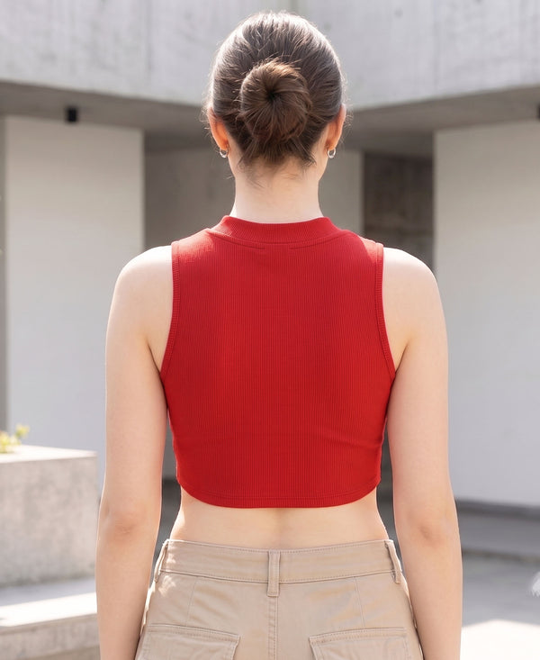 T.T. Women|Ribbed Crop Top|Sleeveless High Neck Slim Fit Aesthetic Streetwear Top|Stretchable Cotton Fabric|Tshirt|Top||Red