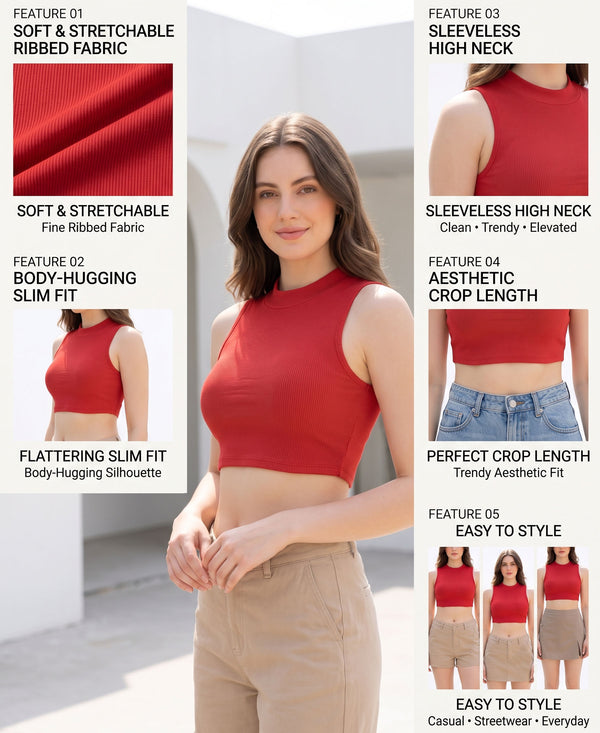 T.T. Women|Ribbed Crop Top|Sleeveless High Neck Slim Fit Aesthetic Streetwear Top|Stretchable Cotton Fabric|Tshirt|Top||Red