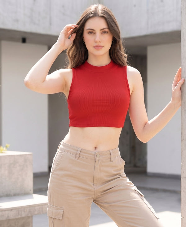 T.T. Women|Ribbed Crop Top|Sleeveless High Neck Slim Fit Aesthetic Streetwear Top|Stretchable Cotton Fabric|Tshirt|Top||Red