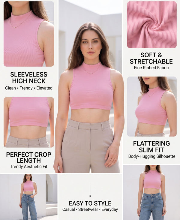 T.T. Women|Ribbed Crop Top|Sleeveless High Neck Slim Fit Aesthetic Streetwear Top|Stretchable Cotton Fabric|Tshirt|Top||Pink