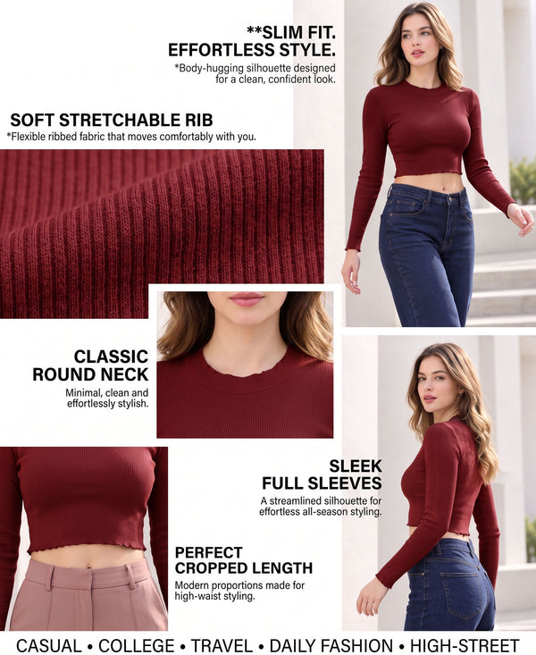 T.T. Women|Slim Fit Ribbed Top|Stretchable Cotton Rib Fabric| Trendy High Street Casual & Office Wear Full Sleeve Crop Tee|Desire Rib Tshirt For Women|Maroon