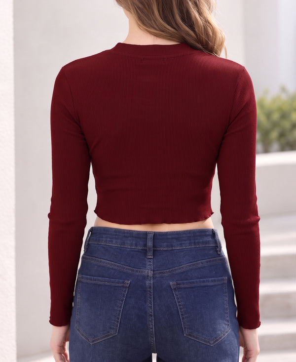 T.T. Women|Slim Fit Ribbed Top|Stretchable Cotton Rib Fabric| Trendy High Street Casual & Office Wear Full Sleeve Crop Tee|Desire Rib Tshirt For Women|Maroon