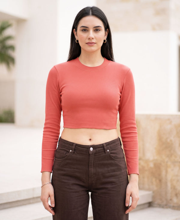 T.T. Women|Stylish Crop Top|Ribbed Slim Fit Full Sleeve Round Neck Trendy Casual Wear Top|Stretchable Cotton Fabric|Tshirt|Top||Light Pink