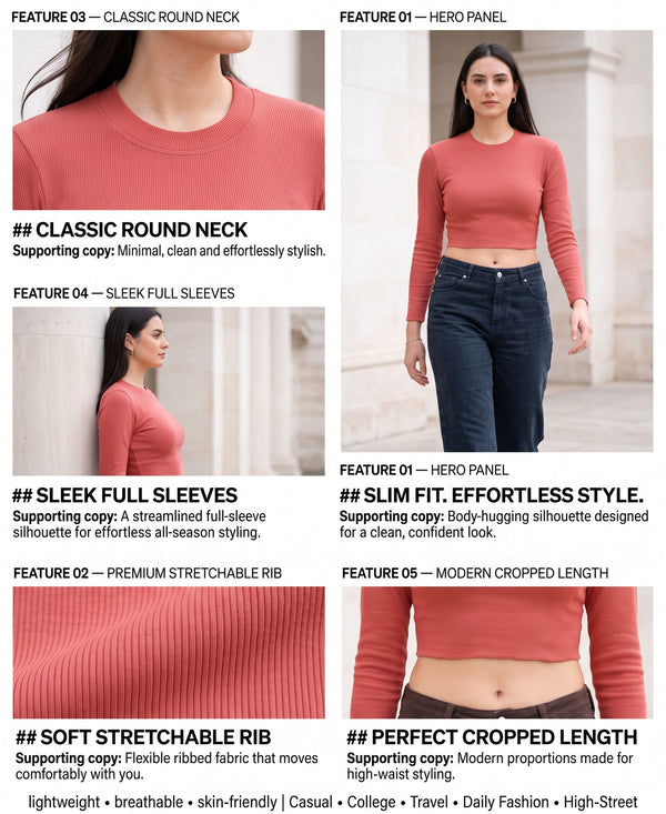 T.T. Women|Stylish Crop Top|Ribbed Slim Fit Full Sleeve Round Neck Trendy Casual Wear Top|Stretchable Cotton Fabric|Tshirt|Top||Light Pink