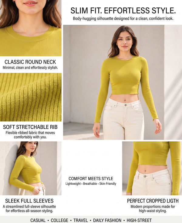 T.T. Women|Stylish Crop Top|Ribbed Slim Fit Full Sleeve Round Neck Trendy Casual Wear Top|Stretchable Cotton Fabric|Tshirt|Top||Light Green