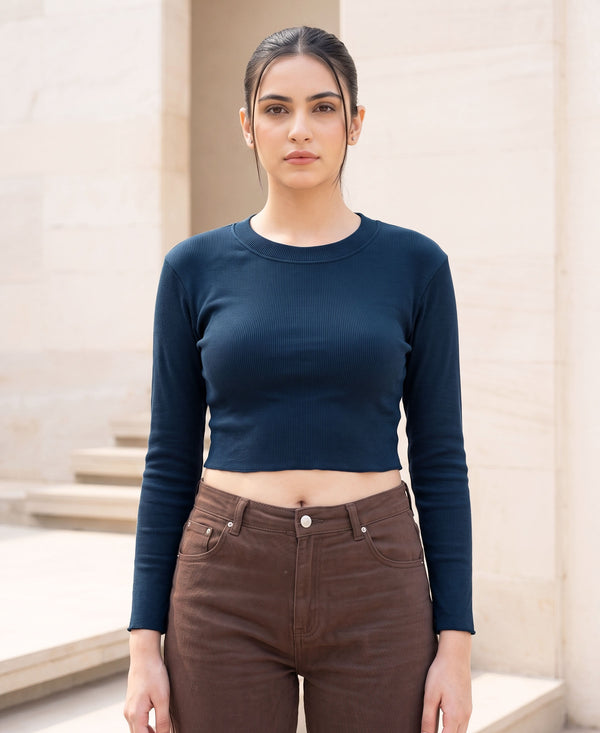 T.T. Women|Stylish Crop Top|Ribbed Slim Fit Full Sleeve Round Neck Trendy Casual Wear Top|Stretchable Cotton Fabric|Tshirt|Top||Denim