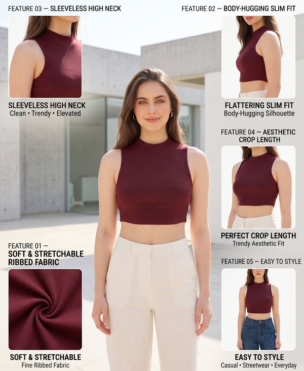T.T. Women|Ribbed Crop Top|Sleeveless High Neck Slim Fit Aesthetic Streetwear Top|Stretchable Cotton Fabric|Tshirt|Top||Maroon
