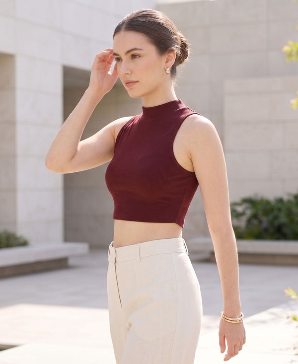 T.T. Women|Ribbed Crop Top|Sleeveless High Neck Slim Fit Aesthetic Streetwear Top|Stretchable Cotton Fabric|Tshirt|Top||Maroon