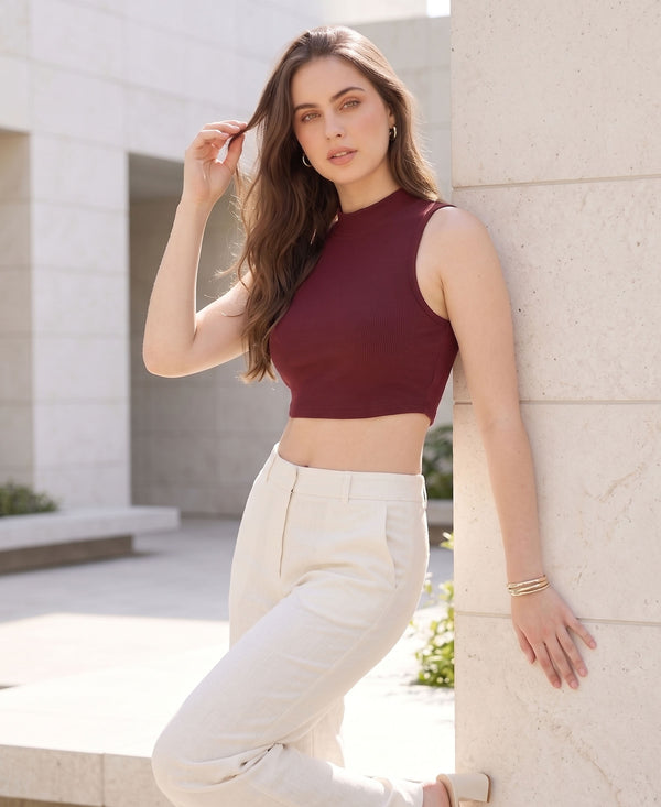 T.T. Women|Ribbed Crop Top|Sleeveless High Neck Slim Fit Aesthetic Streetwear Top|Stretchable Cotton Fabric|Tshirt|Top||Maroon