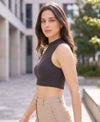 T.T. Women|Ribbed Crop Top|Sleeveless High Neck Slim Fit Aesthetic Streetwear Top|Stretchable Cotton Fabric|Tshirt|Top||D.Grey