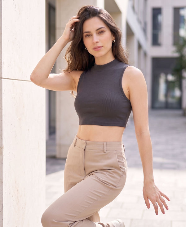 T.T. Women|Ribbed Crop Top|Sleeveless High Neck Slim Fit Aesthetic Streetwear Top|Stretchable Cotton Fabric|Tshirt|Top||D.Grey