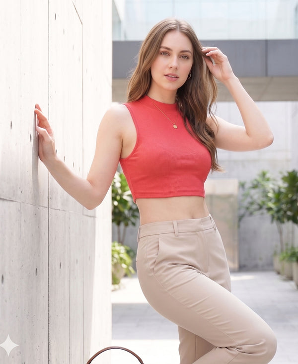 T.T. Women|Ribbed Crop Top|Sleeveless High Neck Slim Fit Aesthetic Streetwear Top|Stretchable Cotton Fabric|Tshirt|Top||Coral