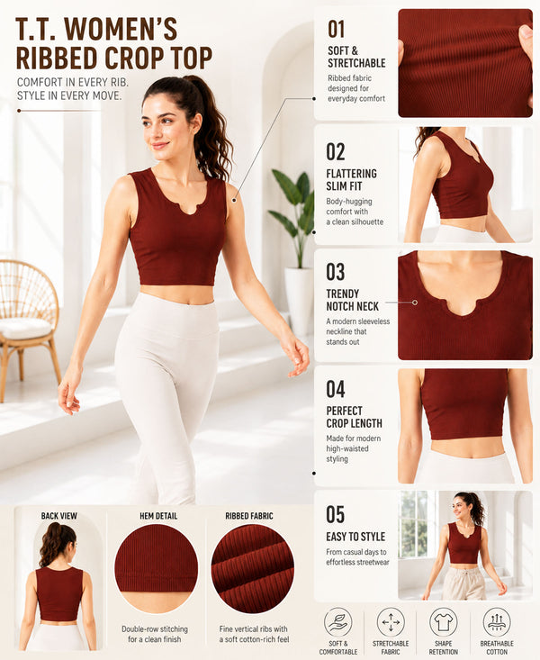 T.T. Women|Ribbed Crop Top|Sleeveless Notch Neck Slim Fit Aesthetic Streetwear Top|Stretchable Cotton Fabric|Tshirt|Top||Rust