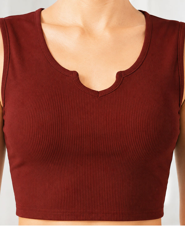 T.T. Women|Ribbed Crop Top|Sleeveless Notch Neck Slim Fit Aesthetic Streetwear Top|Stretchable Cotton Fabric|Tshirt|Top||Rust