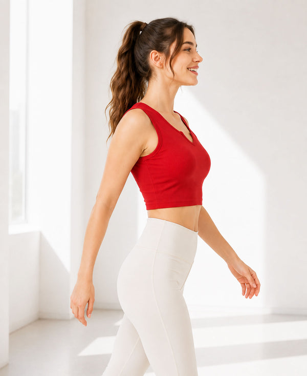 T.T. Women|Ribbed Crop Top|Sleeveless Notch Neck Slim Fit Aesthetic Streetwear Top|Stretchable Cotton Fabric|Tshirt|Top||Red