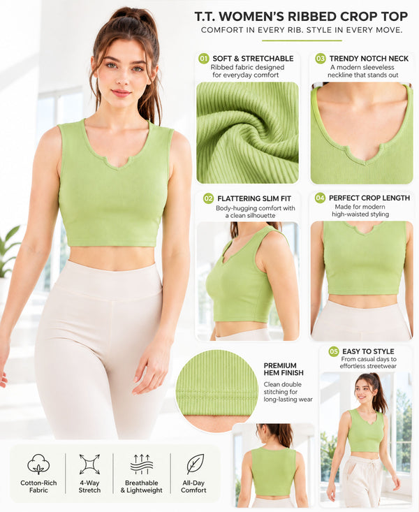 T.T. Women|Ribbed Crop Top|Sleeveless Notch Neck Slim Fit Aesthetic Streetwear Top|Stretchable Cotton Fabric|Tshirt|Top||Pista