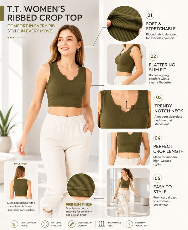 T.T. Women|Ribbed Crop Top|Sleeveless Notch Neck Slim Fit Aesthetic Streetwear Top|Stretchable Cotton Fabric|Tshirt|Top||Olive