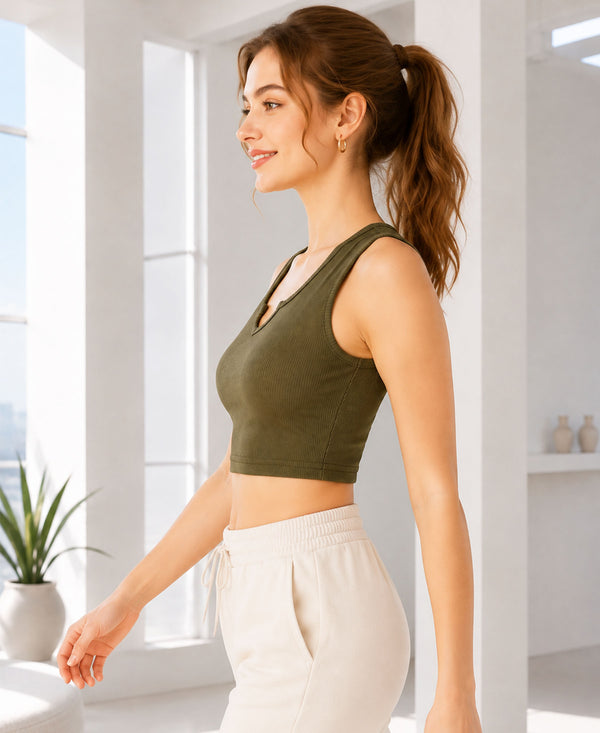 T.T. Women|Ribbed Crop Top|Sleeveless Notch Neck Slim Fit Aesthetic Streetwear Top|Stretchable Cotton Fabric|Tshirt|Top||Olive