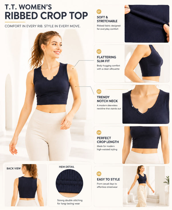 T.T. Women|Ribbed Crop Top|Sleeveless Notch Neck Slim Fit Aesthetic Streetwear Top|Stretchable Cotton Fabric|Tshirt|Top||Navy