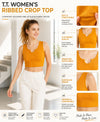 T.T. Women|Ribbed Crop Top|Sleeveless Notch Neck Slim Fit Aesthetic Streetwear Top|Stretchable Cotton Fabric|Tshirt|Top||Mustard