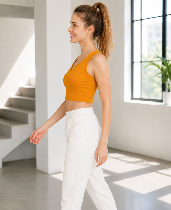 T.T. Women|Ribbed Crop Top|Sleeveless Notch Neck Slim Fit Aesthetic Streetwear Top|Stretchable Cotton Fabric|Tshirt|Top||Mustard