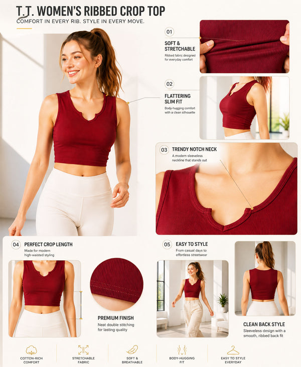 T.T. Women|Ribbed Crop Top|Sleeveless Notch Neck Slim Fit Aesthetic Streetwear Top|Stretchable Cotton Fabric|Tshirt|Top||Maroon