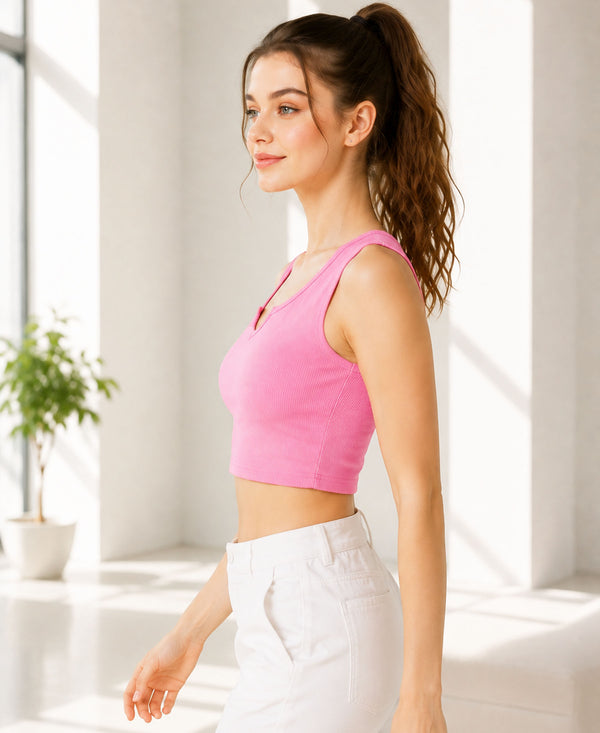T.T. Women|Ribbed Crop Top|Sleeveless Notch Neck Slim Fit Aesthetic Streetwear Top|Stretchable Cotton Fabric|Tshirt|Top||L.Pink