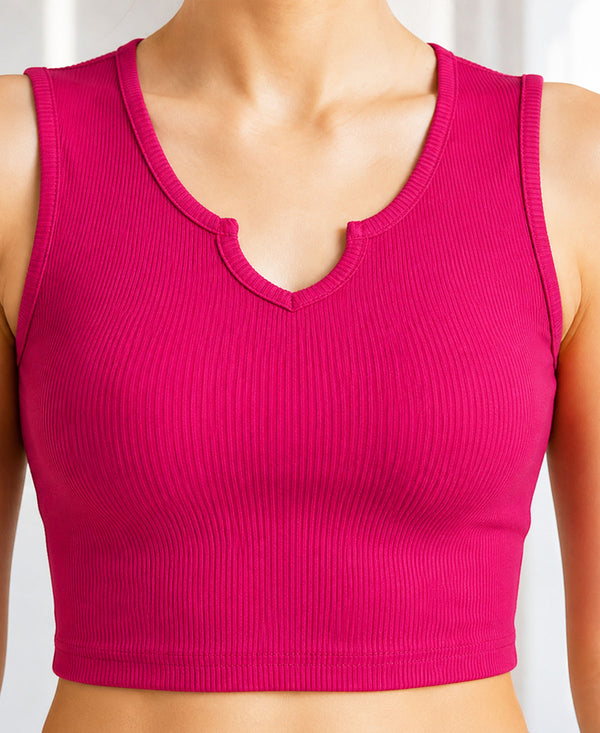 T.T. Women|Ribbed Crop Top|Sleeveless Notch Neck Slim Fit Aesthetic Streetwear Top|Stretchable Cotton Fabric|Tshirt|Top||Fuchsia