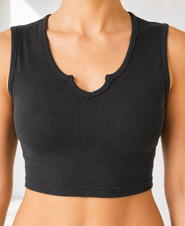 T.T. Women|Ribbed Crop Top|Sleeveless Notch Neck Slim Fit Aesthetic Streetwear Top|Stretchable Cotton Fabric|Tshirt|Top||D.Grey