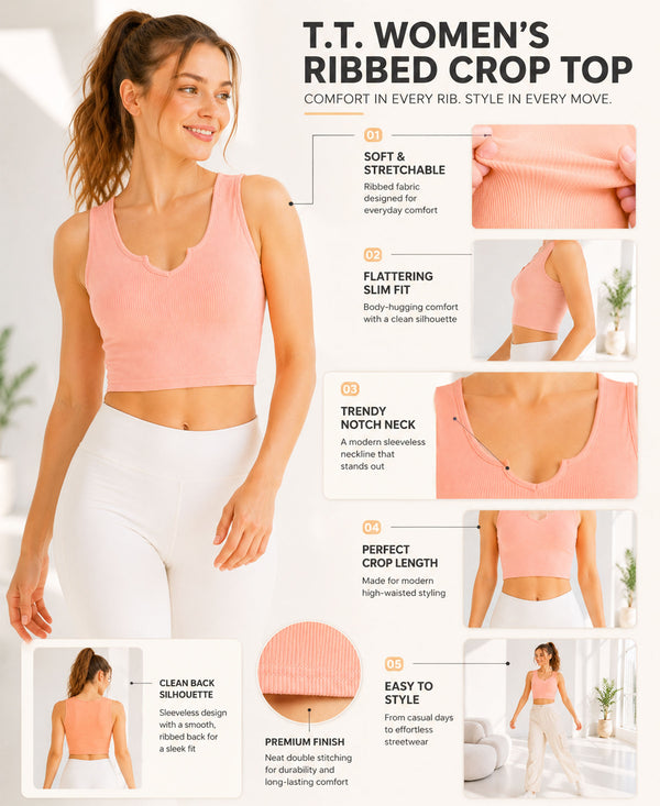 T.T. Women|Ribbed Crop Top|Sleeveless Notch Neck Slim Fit Aesthetic Streetwear Top|Stretchable Cotton Fabric|Tshirt|Top||Cream