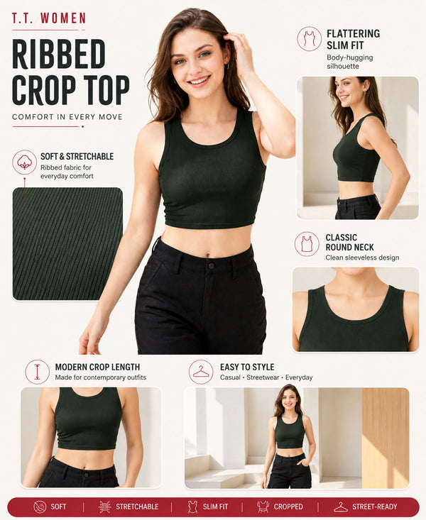 T.T. Women|Ribbed Crop Top|Sleeveless Round Neck Slim Fit Aesthetic Streetwear Top|Stretchable Cotton Fabric|Tshirt|Top||Olive