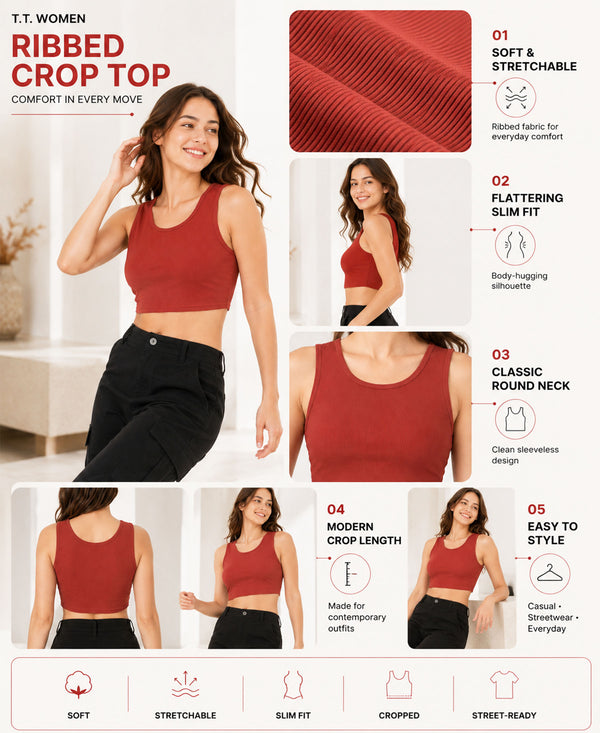 T.T. Women|Ribbed Crop Top|Sleeveless Round Neck Slim Fit Aesthetic Streetwear Top|Stretchable Cotton Fabric|Tshirt|Top||Rust