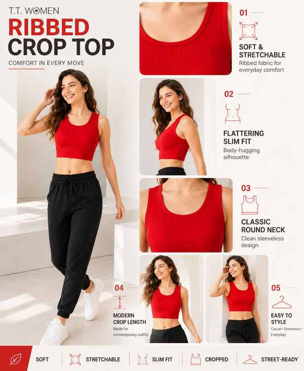 T.T. Women|Ribbed Crop Top|Sleeveless Round Neck Slim Fit Aesthetic Streetwear Top|Stretchable Cotton Fabric|Tshirt|Top||Red