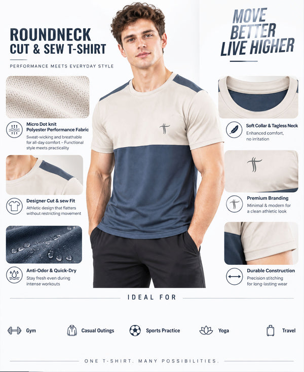 T.T. Men Dri-Fit Cut & Sew Design T-Shirt|Pack Of 1 Dark Grey-Beige