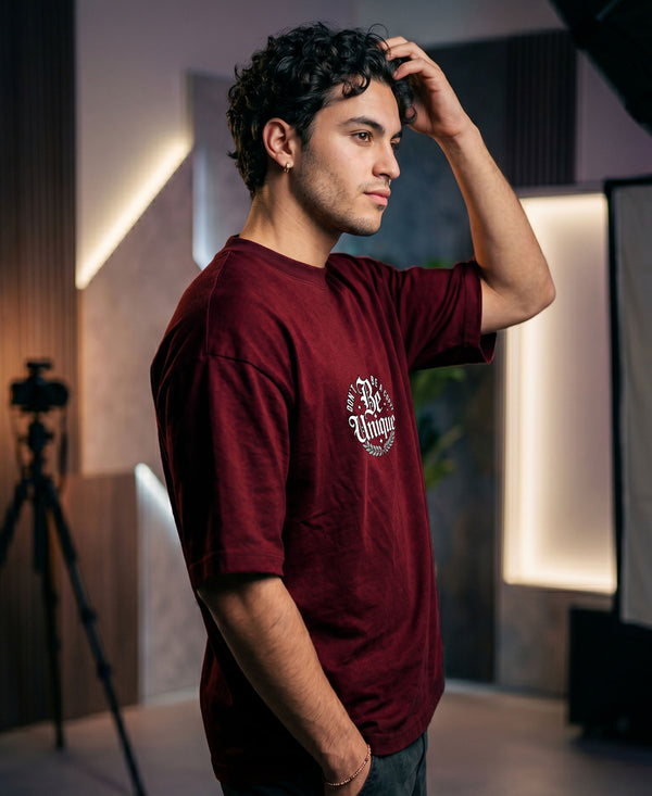 T.T. Men Oversized Graphic Printed T-Shirt Maroon