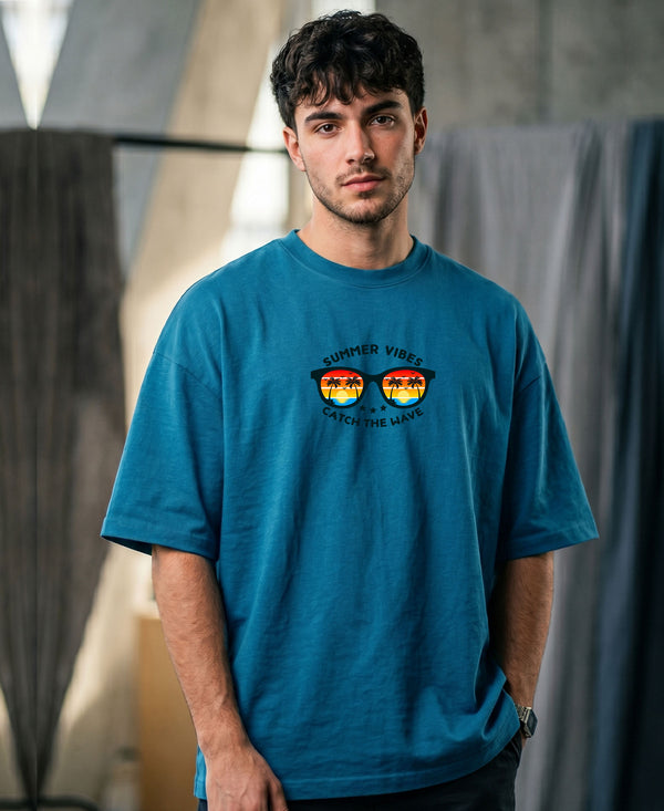 T.T. Men Oversized Graphic Printed T-Shirt Teal Blue