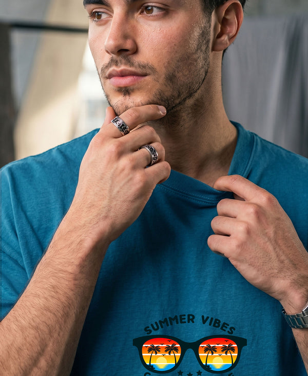 T.T. Men Oversized Graphic Printed T-Shirt Teal Blue
