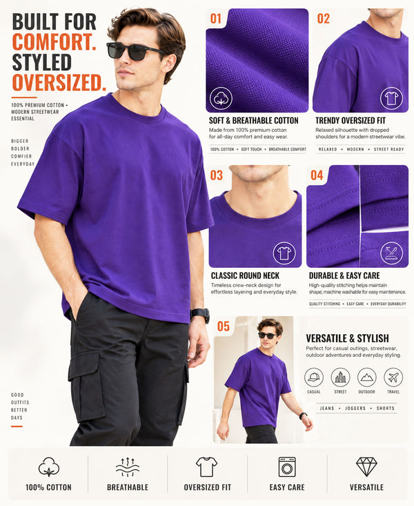T.T. Men Oversized Fit Cotton Round Neck |Soft Breathable Fabric | Street , Casual & Outdoor Wear TeesPurple