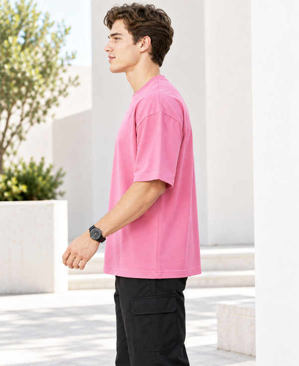 T.T. Men Oversized Fit Cotton Round Neck |Soft Breathable Fabric | Street , Casual & Outdoor Wear TeesBaby Pink