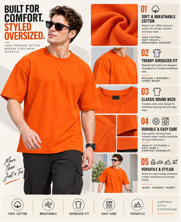 T.T. Men Oversized Fit Cotton Round Neck |Soft Breathable Fabric | Street , Casual & Outdoor Wear TeesOrange