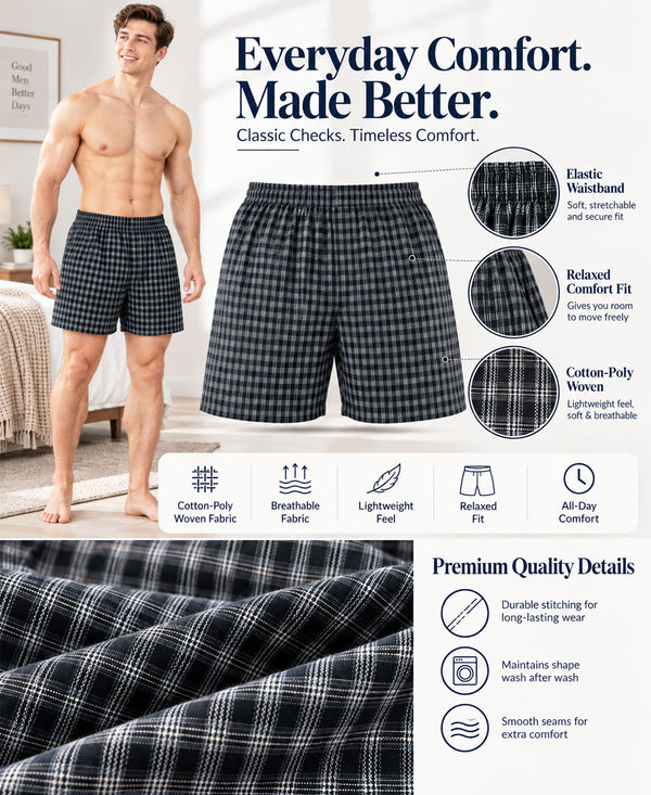 T.T. Men Checked Cotton Poly Woven Boxer Shorts Pack Of 3 Yellow,Navy,Black